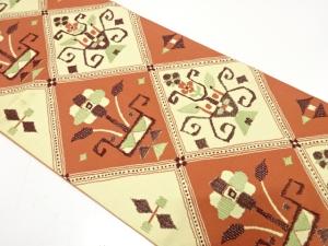 斜め格子に花模様織り出し　名古屋帯